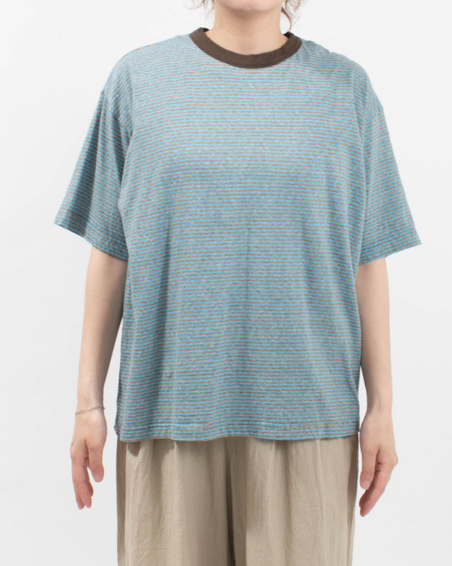 P92620  prit 25/1リサイクルムラ糸天竺ランダムミジンボーダー クルーネックルーズTシャツ