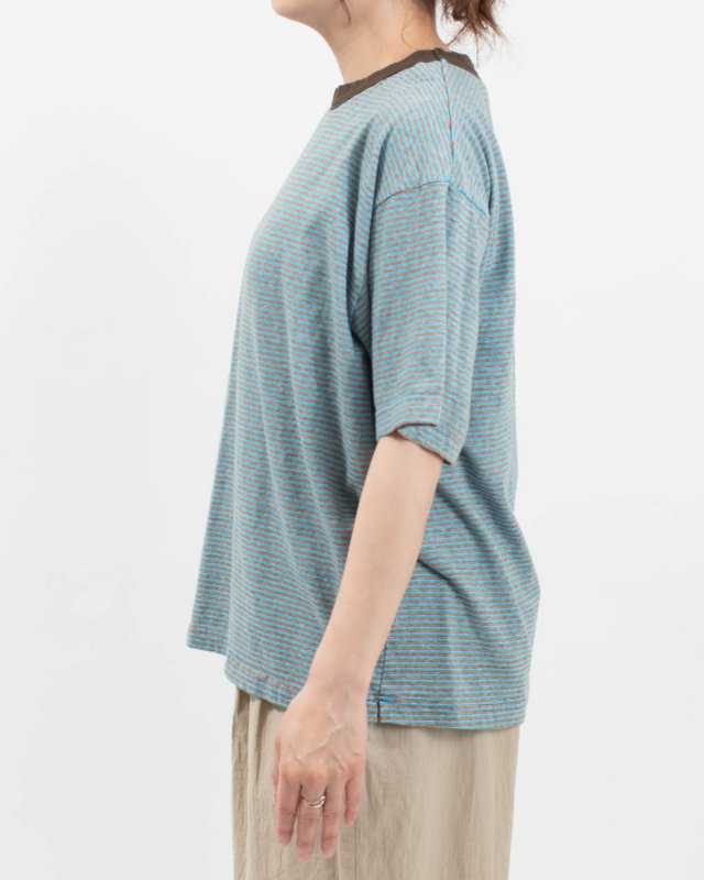 P92620  prit 25/1リサイクルムラ糸天竺ランダムミジンボーダー クルーネックルーズTシャツ