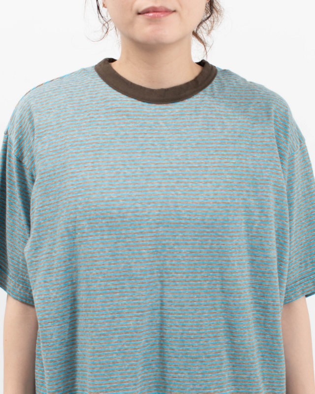 P92620  prit 25/1リサイクルムラ糸天竺ランダムミジンボーダー クルーネックルーズTシャツ