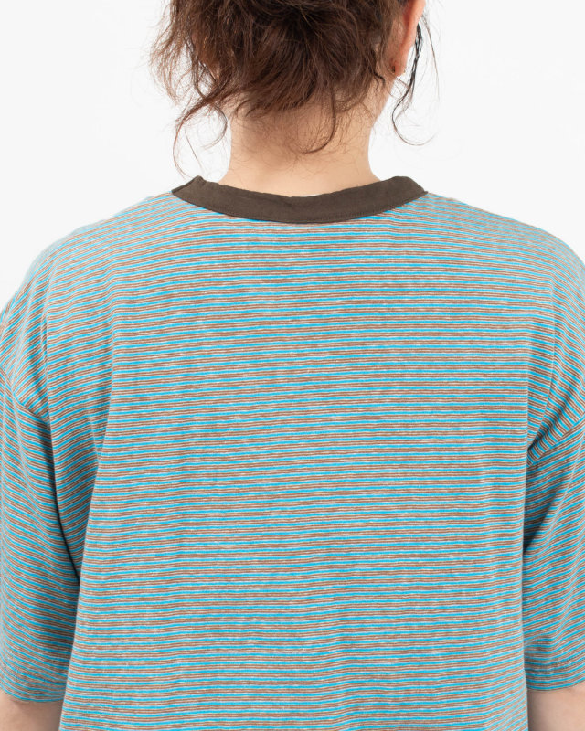 P92620  prit 25/1リサイクルムラ糸天竺ランダムミジンボーダー クルーネックルーズTシャツ