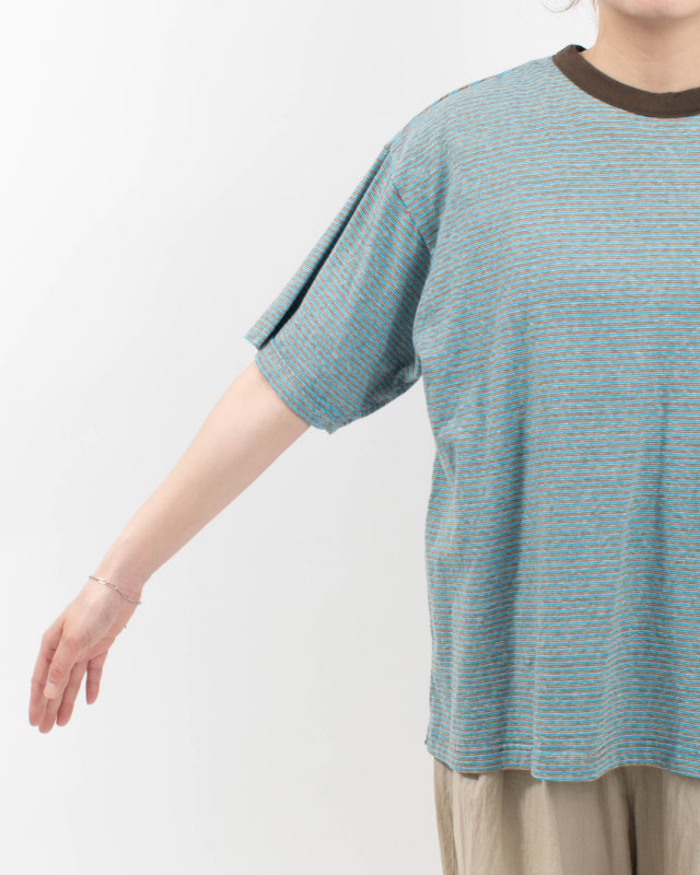 P92620  prit 25/1リサイクルムラ糸天竺ランダムミジンボーダー クルーネックルーズTシャツ