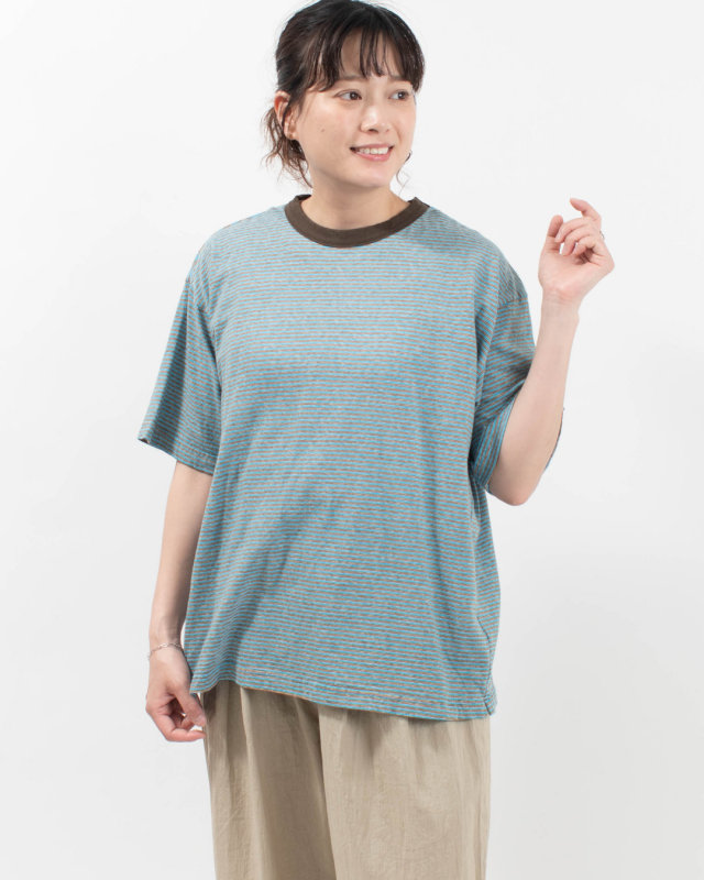 P92620  prit 25/1リサイクルムラ糸天竺ランダムミジンボーダー クルーネックルーズTシャツ