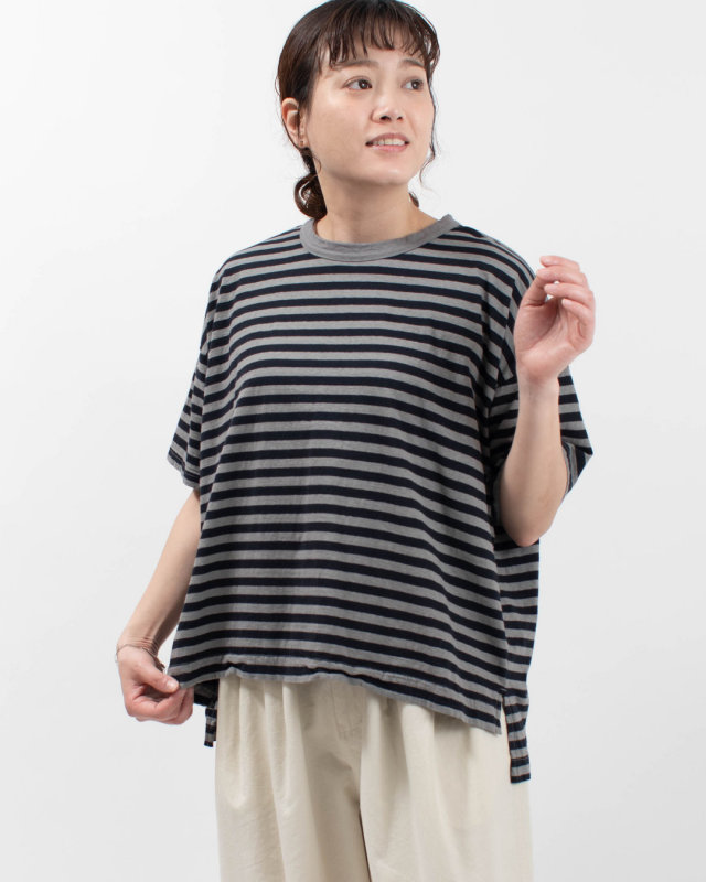 P92635  prit 30/1リサイクルムラ糸天竺ボーダー 5分袖ワイドTシャツ