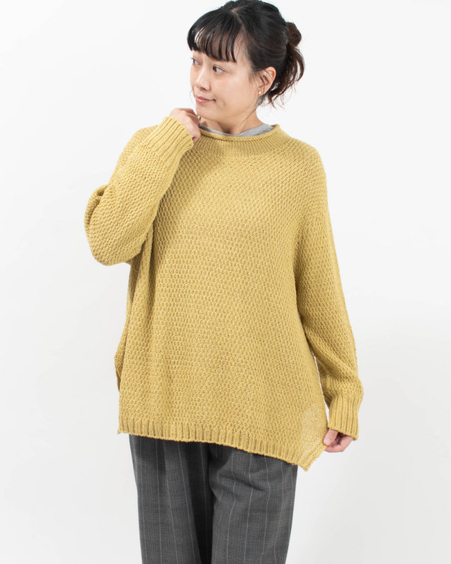SJ-0118 SO[ ] 超強撚ヘンプコットンWASHIブレンド ワッフル編みボトルネック変形ヘムプルオーバー