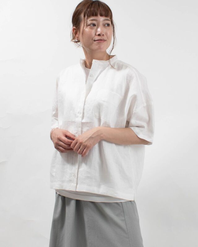 SUN VALLEY リネン平織り5分袖シャツ