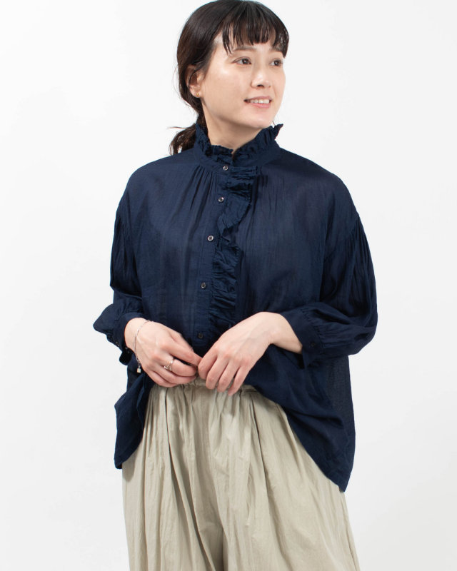 TK420266 tukuroi by SUN VALLEY 2ozコットンガーゼデニムフリル使いシャツ