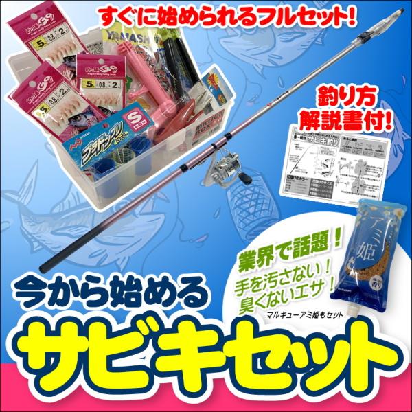 【送料無料】初心者用サビキ釣りセット　釣竿2.8ｍ・糸付きリール・ボックス・サビキ仕掛け・カゴ・サカナバサミ・ハサミ・針外し・サビキ用エサ9点セット