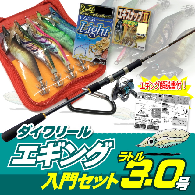 エギング入門セット ロッド・ダイワリールPEライン付き・エギ ラトル 3.0号5本・エギケース・スナップ・リーダー６点セット