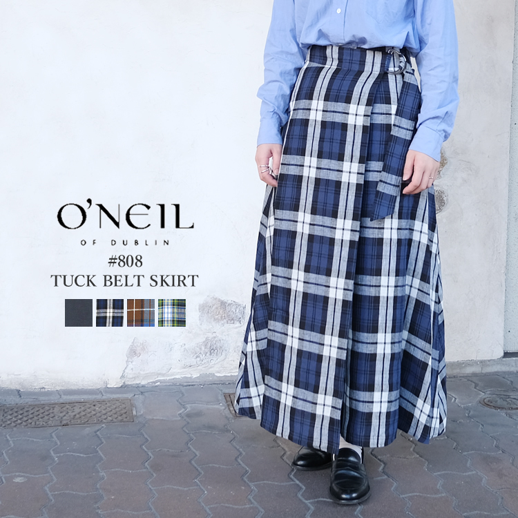 オニール・オブ・ダブリン タックベルトスカート タータンチェック 無地 レディース ボトムス O'NEIL of DUBLIN TUCK BELT SKIRT LADIES ネイビー／ブルー／ブラウン／グリーン 8／M #808