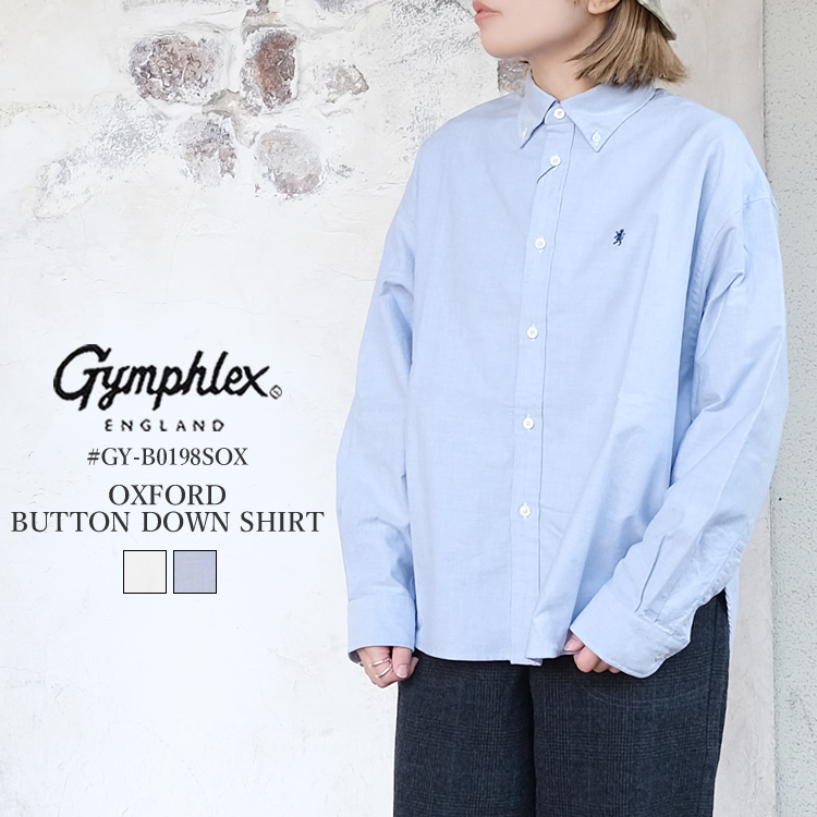 ジムフレックス オックスフォード 長袖 ボタンダウン シャツ レディース トップス Gymphlex OXFORD L／S BUTTON DOWN SHIRT LADIES ホワイト／ブルー 14／M #GY-B0198SOX