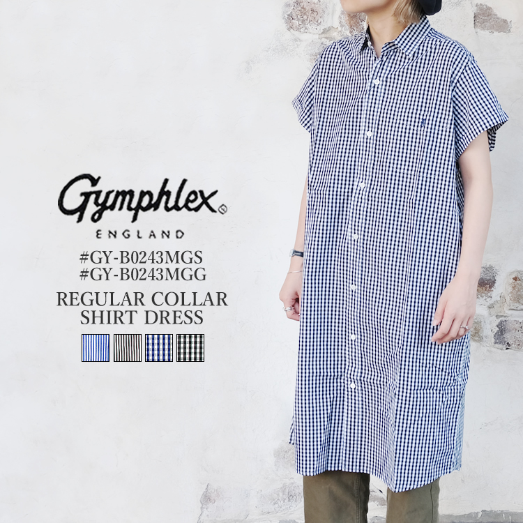 ジムフレックス 半袖 レギュラーカラー シャツ ワンピース ギンガム ストライプ レディース トップス Gymphlex REGULAR COLLAR SHIRT DRESS LADIES ブルー／ブラック／ネイビー 14／M #GY-B0243MGS #GY-B0243MGG