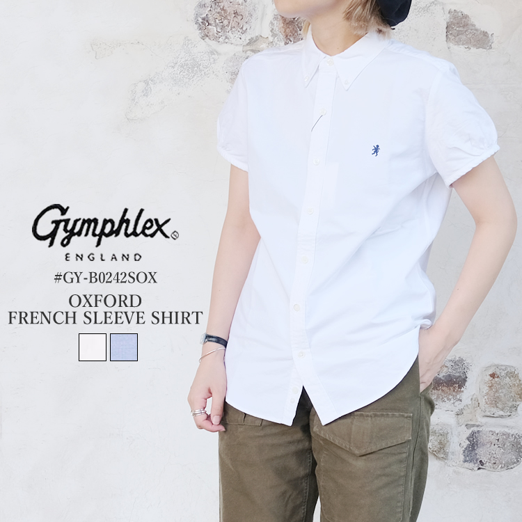 ジムフレックス 半袖 オックスフォード フレンチスリーブ シャツ レディース トップス Gymphlex OXFORD FRENCH SLEEVE SHIRT LADIES ホワイト／ブルー 14／16／M／L #GY-B0242SOX