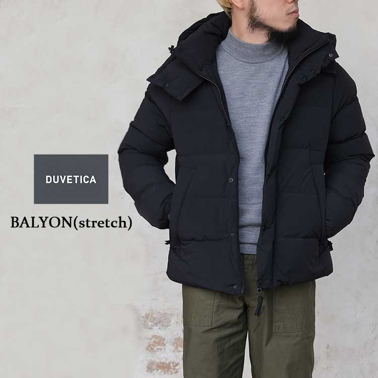 デュベティカ DUVETICA ダウンジャケット メンズ BALYON stretch 52MB1-10150-00-10520 バリオン ストレッチ 比翼仕立て フード セミミドル丈 ストレッチマットナイロン 防寒 軽量 グースダウン アウター ダウン ブラック 46 48 50 M L LL ブルガリア製 日本正規販売店