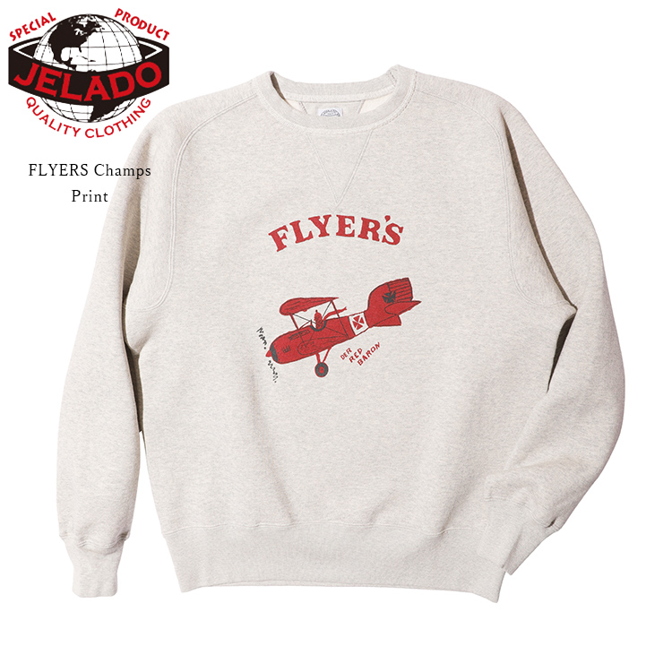 JELADO ジェラード AB21239 FLYERS Champs Print チャンプス プリント スウェットシャツ ソルトペッパー ライディングハイ フリーダムスリーブ アズマ編み機 コットン メンズ 〔FL〕
