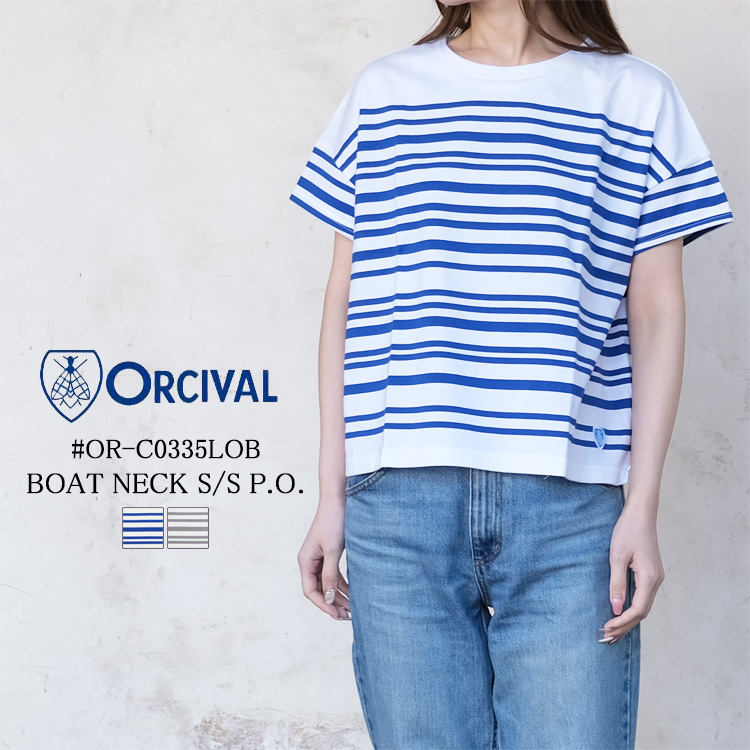 【メール便可】オーシバル オーチバル ORCIVAL トップス レディース #OR-C0335LOB ボートネック 半袖 Tシャツ ロゴ ホワイト ブルー グレー 日本製