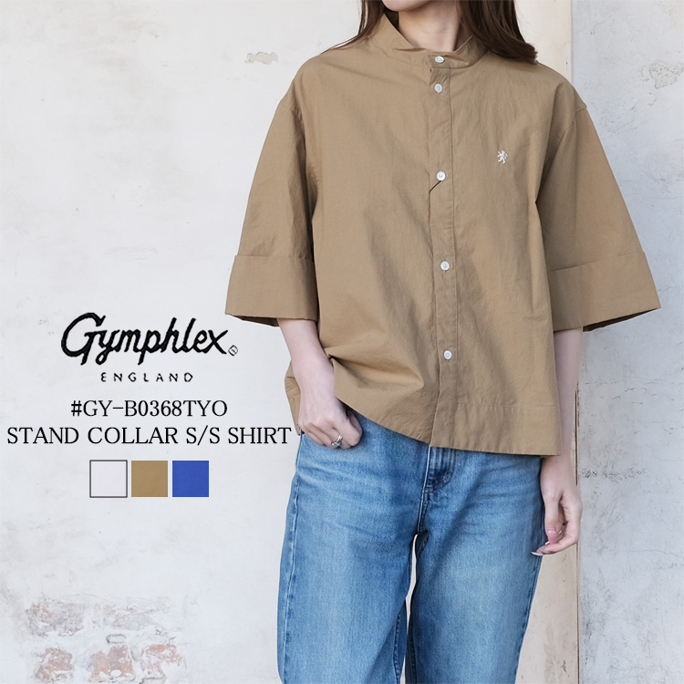 ジムフレックス GYMPHLEX トップス レディース #GY-B0368TYO タイプライター スタンドカラー 半袖 シャツ コットン100% ホワイト ベージュ ブルー 無地 ロゴ 14 中国製