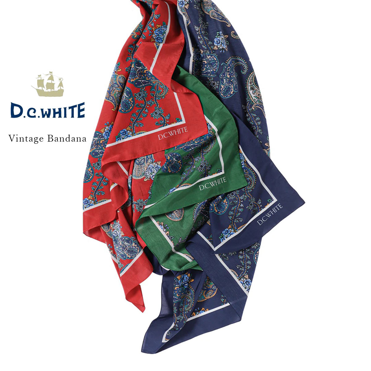 D.C.WHITE ディーシーホワイト Vintage Bandana ヴィンテージバンダナ コットン シルク ペイズリー 大判 日本製 〔FL〕