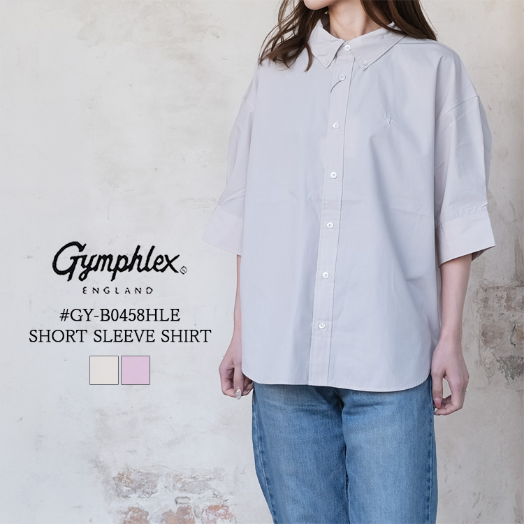 ジムフレックス GYMPHLEX トップス レディース #GY-B0458HLE ボタンダウン ショートスリーブ シャツ レディース ロゴ 無地 6分丈 ポリエステル55% コットン45% ベージュ ピンク 14 中国製