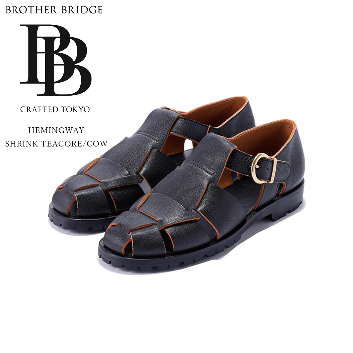 BROTHER BRIDGE ブラザーブリッジ HEMING WAY ヘミングウェイ SHRINK TEACORE COW ブラック フィッシャーマンサンダル 茶芯 ヌメ革 シボ革 牛革 メンズ 〔FL〕