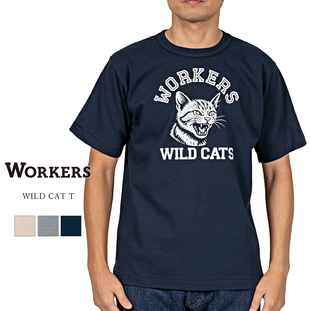 Workers ワーカーズ WILD CAT T ワイルドキャットTシャツ コットン 7オンス カレッジ バインダーネック 日本製 メンズ 〔FL〕
