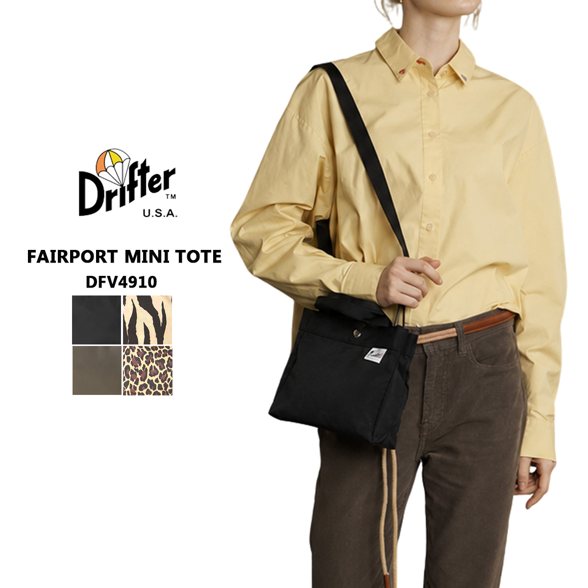 Drifter ドリフター FAIRPORT MINI TOTE フェアポートミニトート DFV4910 レディース メンズ ミニトート トートバッグ ショルダーバッグ 2WAY 軽量 2L ナイロン ブラック ブラウン ゼブラ レオパード　【メール便可】