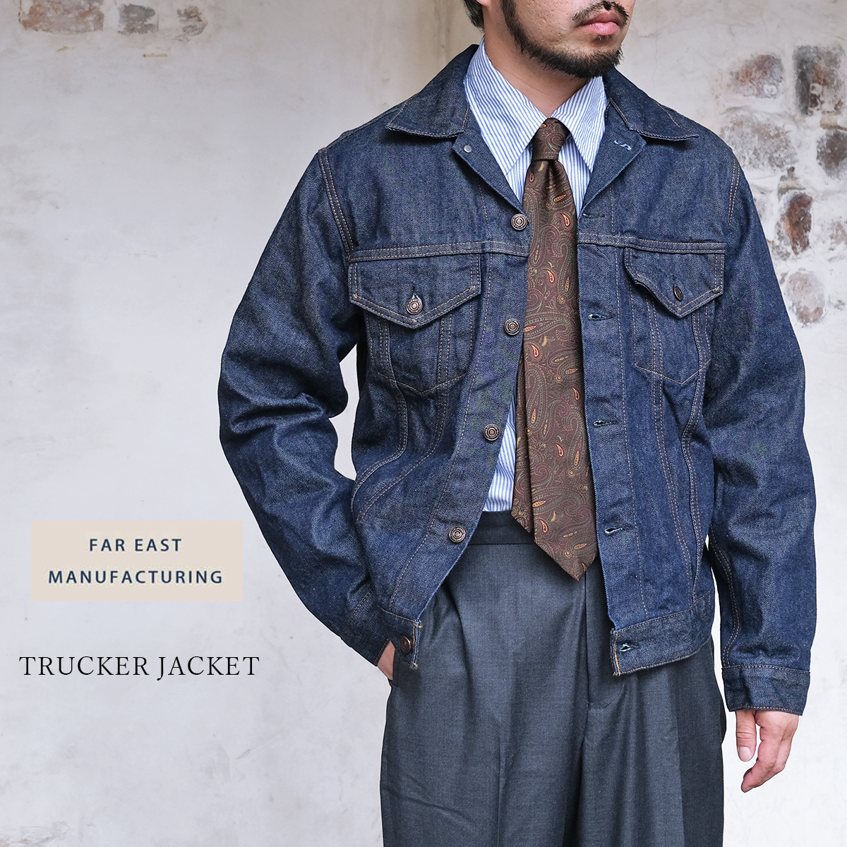 FAR EAST MANUFACTURING ファーイーストマニュファクチャリング 70712 FEM-G001 TRUCKER JACKET トラッカージャケット デニムジャケット Gジャン 14oz ワンウォッシュ メンズ 日本製