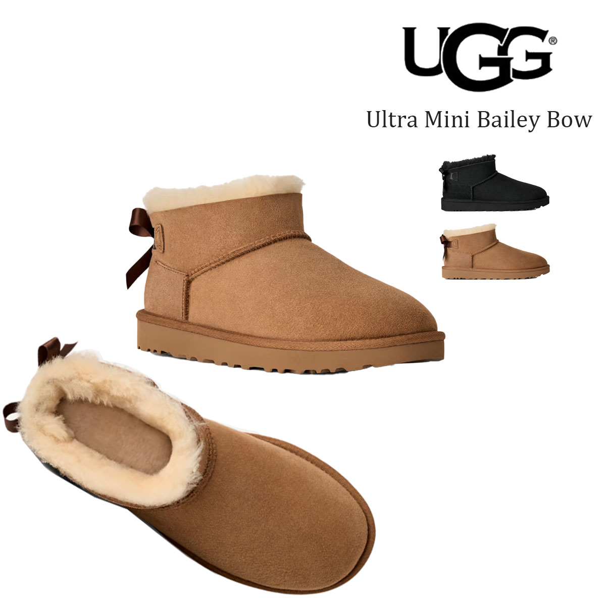 アグ UGG レディース ウルトラ ミニ ベイリー ボウ アンクル丈 ブーツ シープスキン ムートン ブラック チェスナット ブラウン 1185491