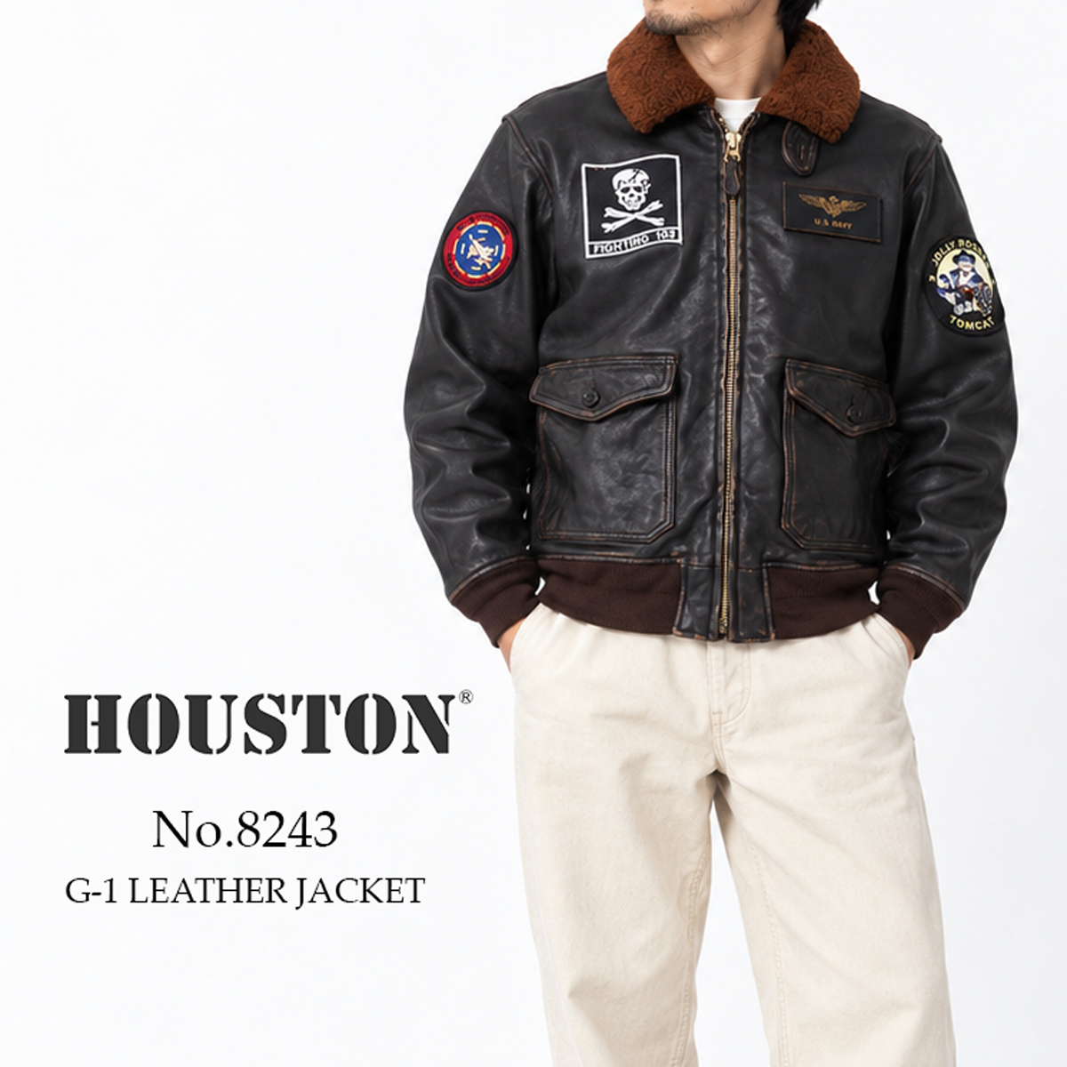 【交換往復送料無料】 ヒューストン HOUSTON レザージャケット G-1 LEATHER JACKET G-1レザージャケット メンズ 8243 ゴートレザー 山羊革 本革 フライトジャケット ミリタリー ヴィンテージ加工 ワッペン
