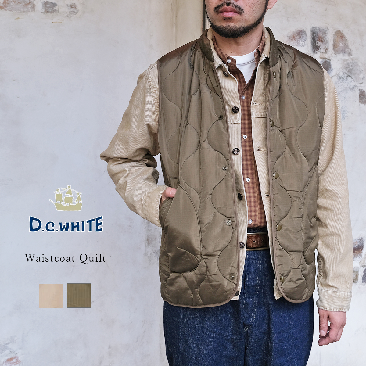 D.C.WHITE ディーシーホワイト Waistcoat Quilt ウエストコート キルティングベスト メンズ 中綿ベスト ナイロンベスト 軽量 防寒 ミリタリー リップストップ ライナーベスト 秋冬 オリーブ ベージュ