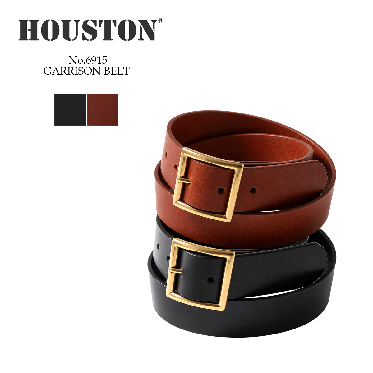 ヒューストン HOUSTON ベルト GARRISON BELT ギャリソンベルト メンズ 6915 牛革 本革 レザーベルト ミリタリー アメカジ ヴィンテージ 無地 重厚バックル 6ホール