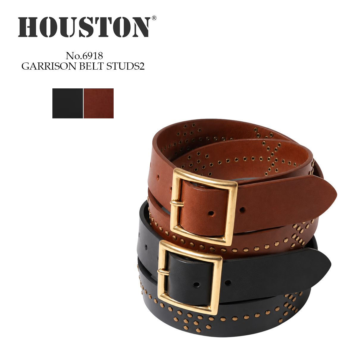 ヒューストン HOUSTON ベルト GARRISON BELT STUDS2 ギャリソンベルト スタッズ2 メンズ 6918 牛革 レザーベルト スタッズ バックル アメカジ ワーク