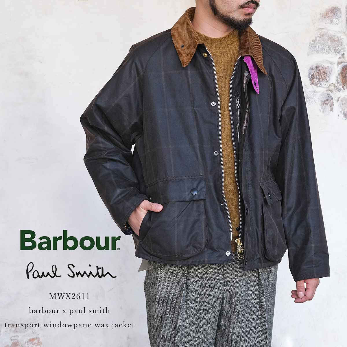 【プロホースブラシプレゼント！】Barbour バブアー × Paul Smith ポールスミス コラボ ワックスジャケット TRANSPORT WINDOWPANE WAX JACKET トランスポート メンズ ブラウン MWX2611 ウィンドウペーン チェック 英国 トラッド アウター