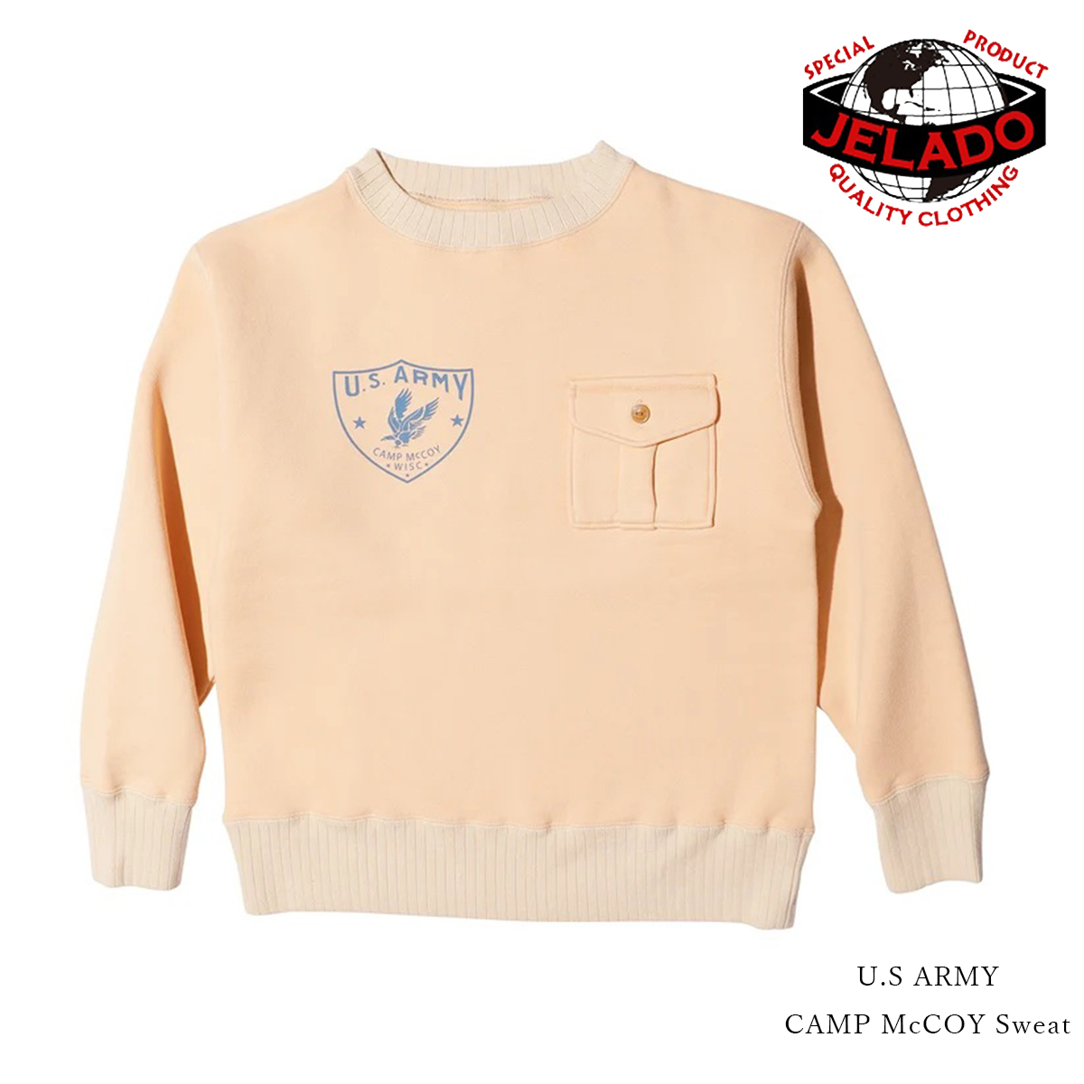 JELADO ジェラード U.S ARMY CAMP McCOY Sweat キャンプマッコイ スウェット トレーナー メンズ CT23209 1940年代 米軍 ミリタリー ヴィンテージ復刻 丸胴 針抜きリブ 裏起毛 染み込みプリント 日本製