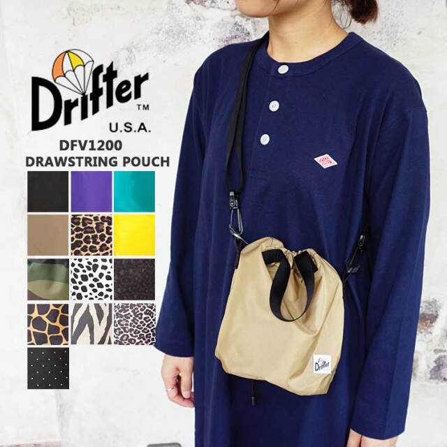 ドリフター Drifter ショルダーバッグ レディース メンズ DFV1200 ドローストリング ポーチ 巾着 2way DRAWSTRING POUCH BAG 軽量 ブラック アメジスト ブルー ベージュ レオパード イエロー カモフラ ダルメシアン ジラフ ゼブラ ヒョウ柄 ドット 【メール便可】