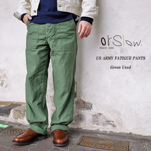 orSlow オアスロウ 01-5002 US ARMY FATIGUE PANTS ファティーグパンツ Green Used ベイカーパンツ ミリタリー ユーズド加工 コットン 日本製 〔FL〕