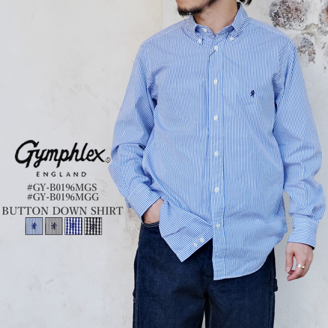 ジムフレックス 長袖 ボタンダウンシャツ メンズ ストライプ ギンガム トップス Gymphlex L／S BUTTON DOWN SHIRT MENS STRIPE GINGHAM ブルー／ブラック／ネイビー S／M／L #GY-B0196MGS #GY-B0196MGG