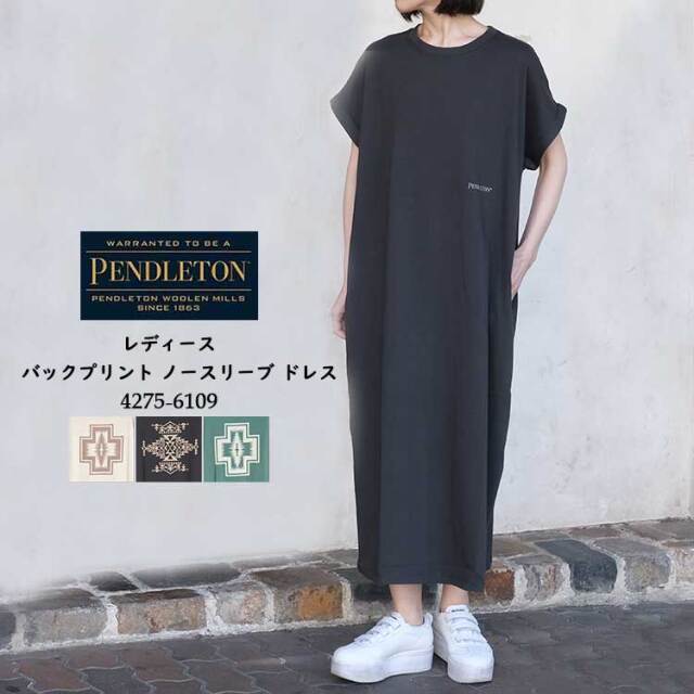 【メール便可】 ペンドルトン ワンピース レディース ノースリーブ バックプリント ドレス ネイティブ柄 新作 ベージュ チャコール グリーン PENDLETON 4275-6109