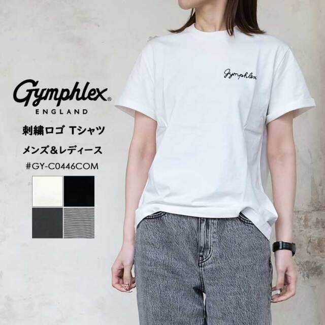 【メール便可】 ジムフレックス 刺繍 ロゴ Tシャツ レディース メンズ トップス 半袖 無地 ロールアップ コットン 綿 ホワイト ブラック グレー ネイビー ボーダー 14 16 M L Gymphlex GY-C0446COM