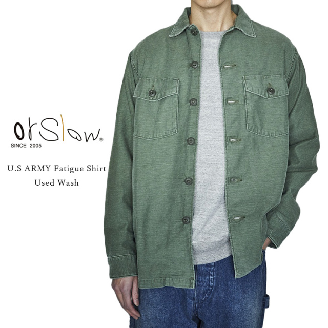 orSlow オアスロウ 03-8045-216 U.S Army Fatigue Shirt USアーミー ファティーグシャツ Green Used グリーンユーズド ミリタリーシャツ コットン バックサテン 日本製 メンズ 〔FL〕