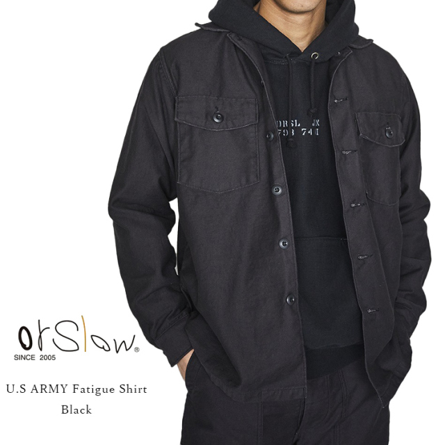 orSlow オアスロウ 03-8045-61 U.S Army Fatigue Shirt USアーミー ファティーグシャツ Black ブラック ミリタリーシャツ コットン バックサテン 日本製 メンズ 〔FL〕