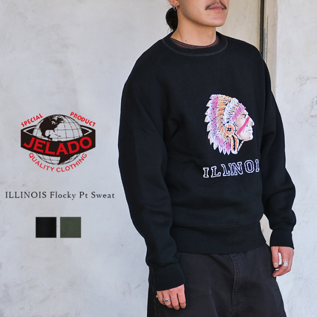 JELADO ジェラード AB12201 ILLINOIS Flocky Pt Sweat フロッキープリント スウェットシャツ ヴィンテージ アメカジ コットン メンズ 〔FL〕