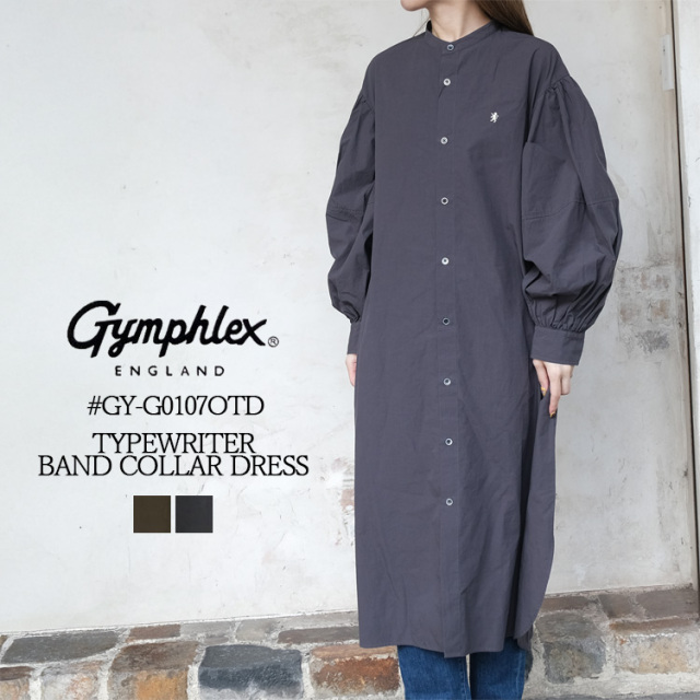 ジムフレックス GYMPHLEX ワンピース レディース #GY-G0107OTD 長袖 バンドカラー シャツ タイプライター 綿100% ブラウン チャコール(グレー系) 14 中国製