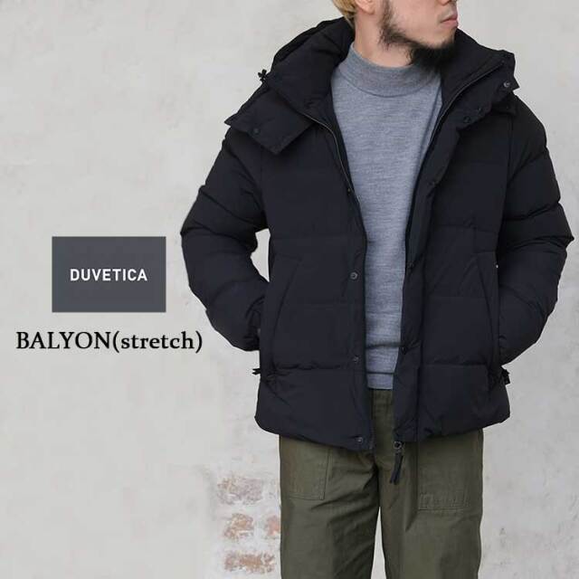 デュベティカ DUVETICA ダウンジャケット メンズ BALYON stretch 52MB1-10150-00-10520 バリオン ストレッチ 比翼仕立て フード セミミドル丈 ストレッチマットナイロン 防寒 軽量 グースダウン アウター ダウン ブラック 46 48 50 M L LL ブルガリア製 日本正規販売店