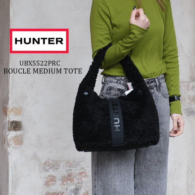 ハンター トートバッグ ブークレ ミディアム トート  ショルダー ボア ロゴ ブラック UBX5522PRC