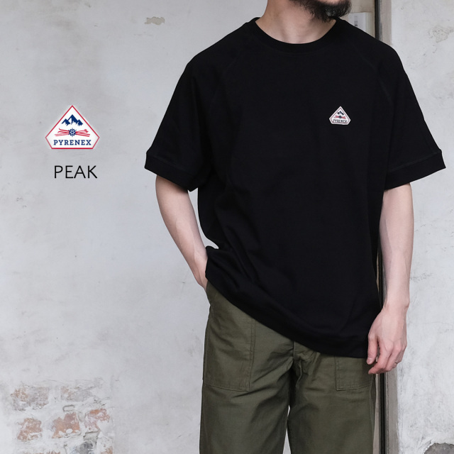 PYRENEX ピレネックス Tシャツ PEAK ピーク メンズ レディース ユニセックス HMR016 半袖 Tシャツ ラグランスリーブ オーガニックコットン 綿 ヘビーウェイト BLACK ブラック M L ポルトガル製