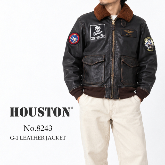 【交換往復送料無料】 ヒューストン HOUSTON レザージャケット G-1 LEATHER JACKET G-1レザージャケット メンズ 8243 ゴートレザー 山羊革 本革 フライトジャケット ミリタリー ヴィンテージ加工 ワッペン