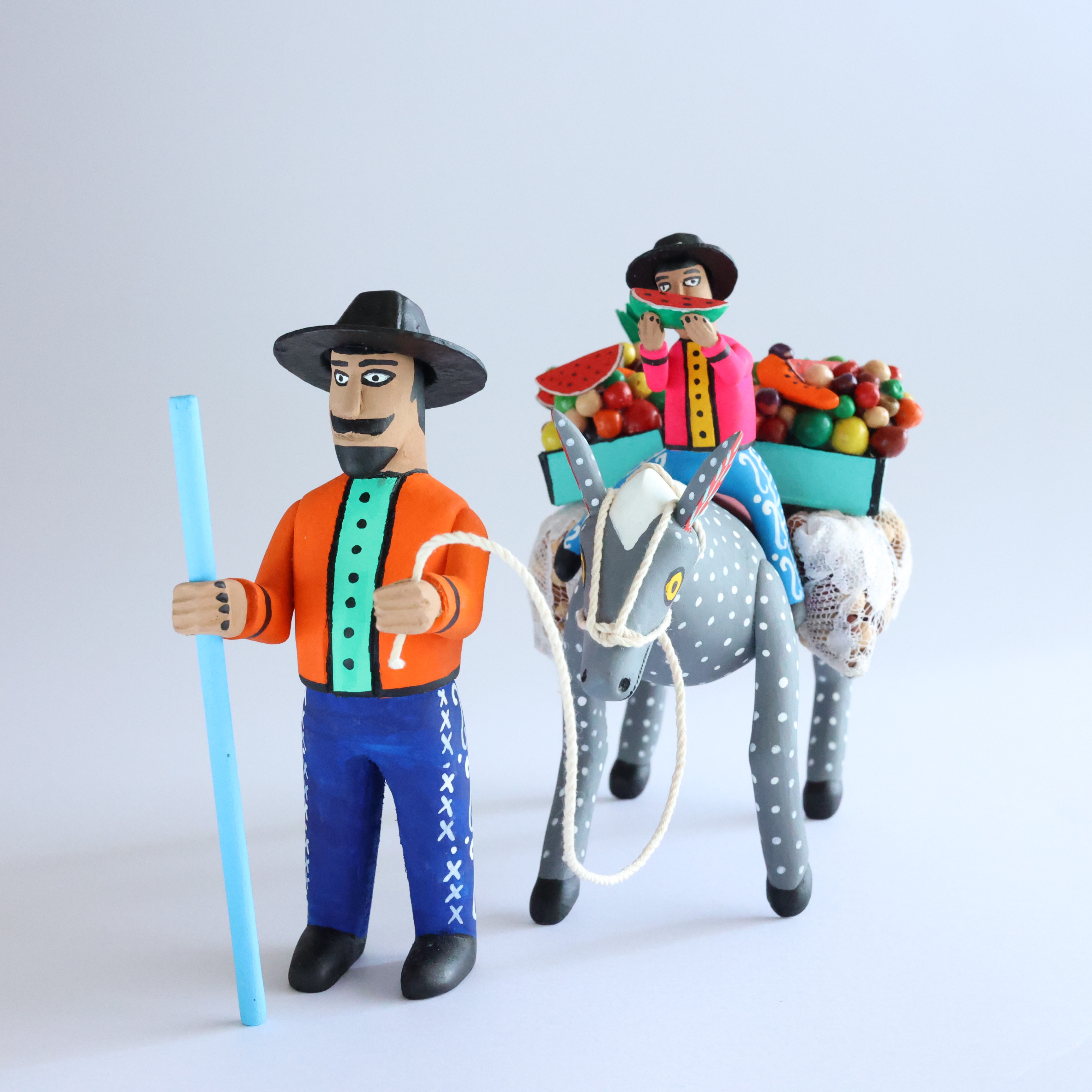 エロイ・サンティアゴ ロバと親子 オアハカンウッドカービング