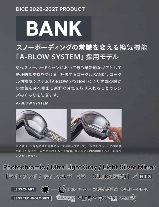 予約商品] 26-27 DICE GOGGLES ゴーグル ダイス BANK バンク BK64570
