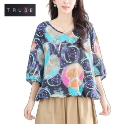 trube アートサークルプリントドローストリングブラウス n13-263m