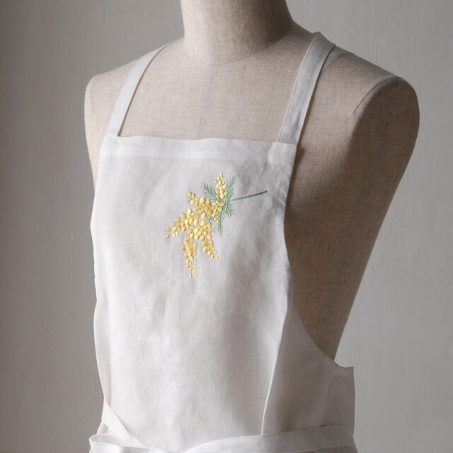 francjour フランジュール ｜ ミモザ刺繍エプロン斜め付け/ブラン